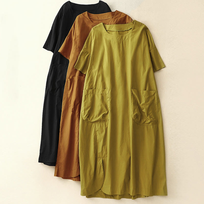 Sukienka midi z krótkim rękawem Buddha Stones Summer Casual Plain z okrągłym dekoltem i kieszeniami - image 25