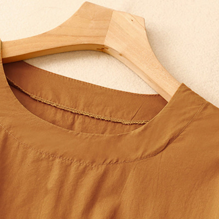 Sukienka midi z krótkim rękawem Buddha Stones Summer Casual Plain z okrągłym dekoltem i kieszeniami - image 1