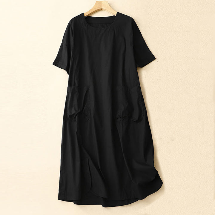 Sukienka midi z krótkim rękawem Buddha Stones Summer Casual Plain z okrągłym dekoltem i kieszeniami - Czarny - US8-10，UK/AU12-14，EU40-42 (2XL) - image 7
