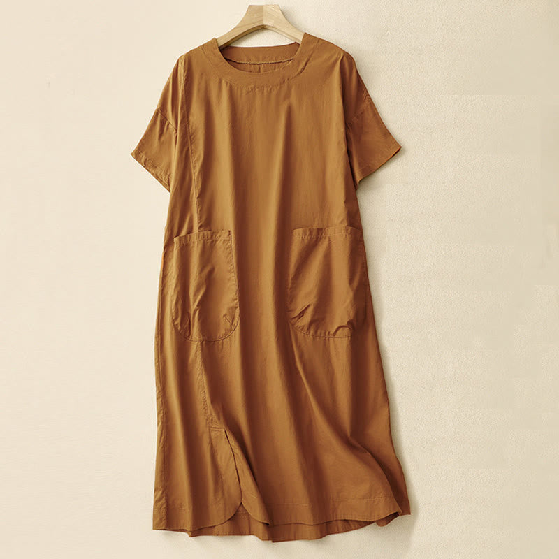 Sukienka midi z krótkim rękawem Buddha Stones Summer Casual Plain z okrągłym dekoltem i kieszeniami - Czekolada - US8-10，UK/AU12-14，EU40-42 (2XL) - image 0