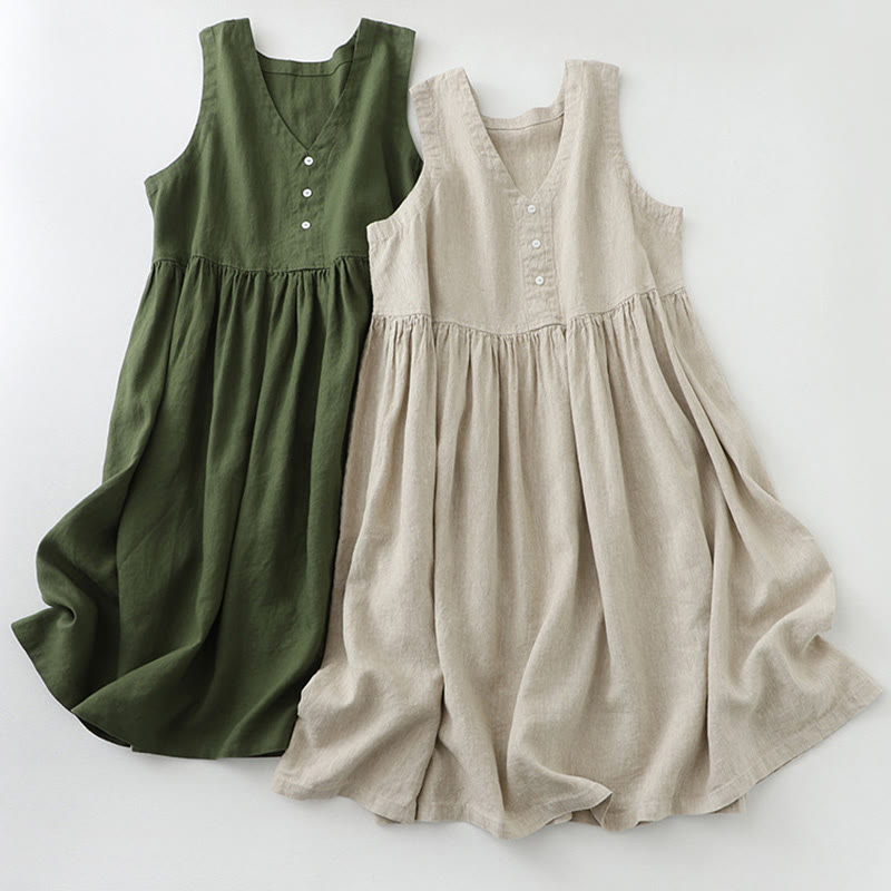 Sukienka midi z Buddha Stones na co dzień, w jednolitym kolorze, z dekoltem w serek i prostym wzorem na guziki, bez rękawów - image 17