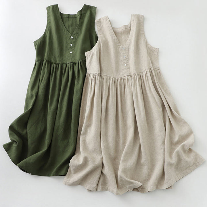 Sukienka midi z Buddha Stones na co dzień, w jednolitym kolorze, z dekoltem w serek i prostym wzorem na guziki, bez rękawów - image 17