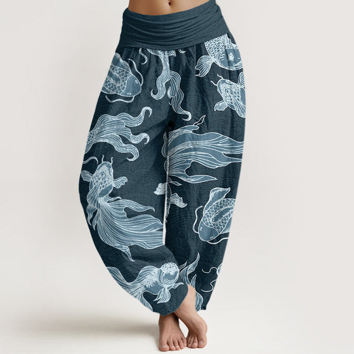 Buddha Stones Koi Ryby Fale Wzór Projekt Damskie Spodnie Harem Elastyczny Pas - CadetBlue - US22, UK/AU26, EU54 (6XL) - image 1