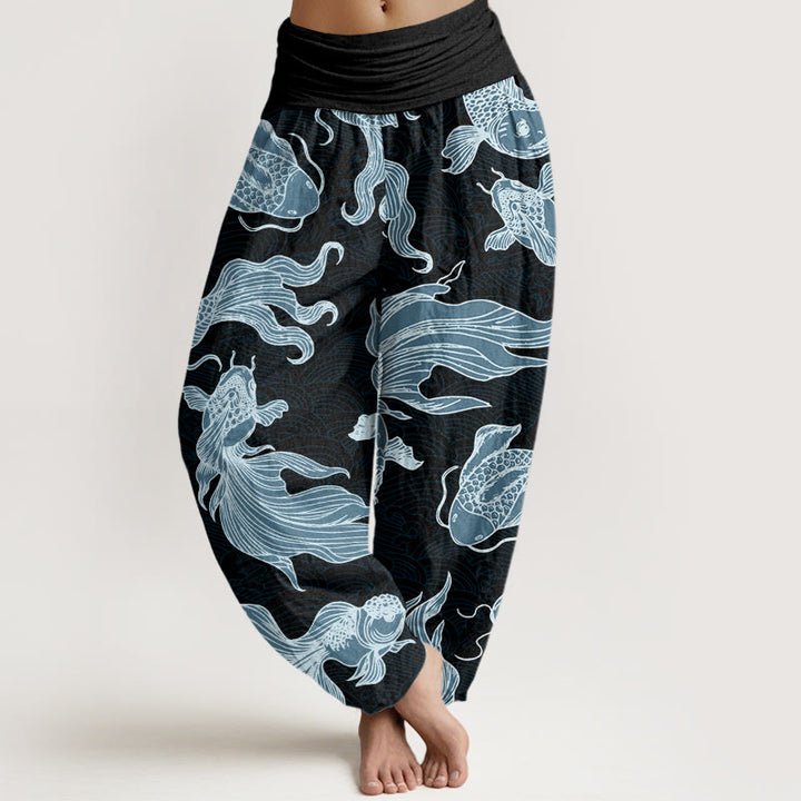 Buddha Stones Koi Ryby Fale Wzór Projekt Damskie Spodnie Harem Elastyczny Pas - Czarny - US22, UK/AU26, EU54 (6XL) - image 8