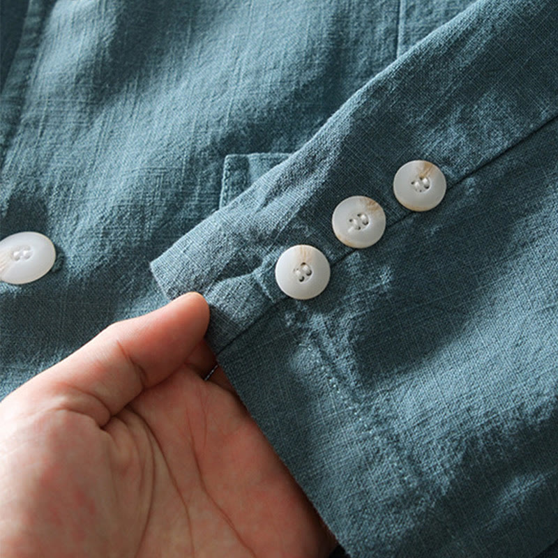 Koszula męska z długim rękawem i kieszeniami, z bawełny i lnu, z motywem Buddha Stones, zapięciem na guziki - image 4