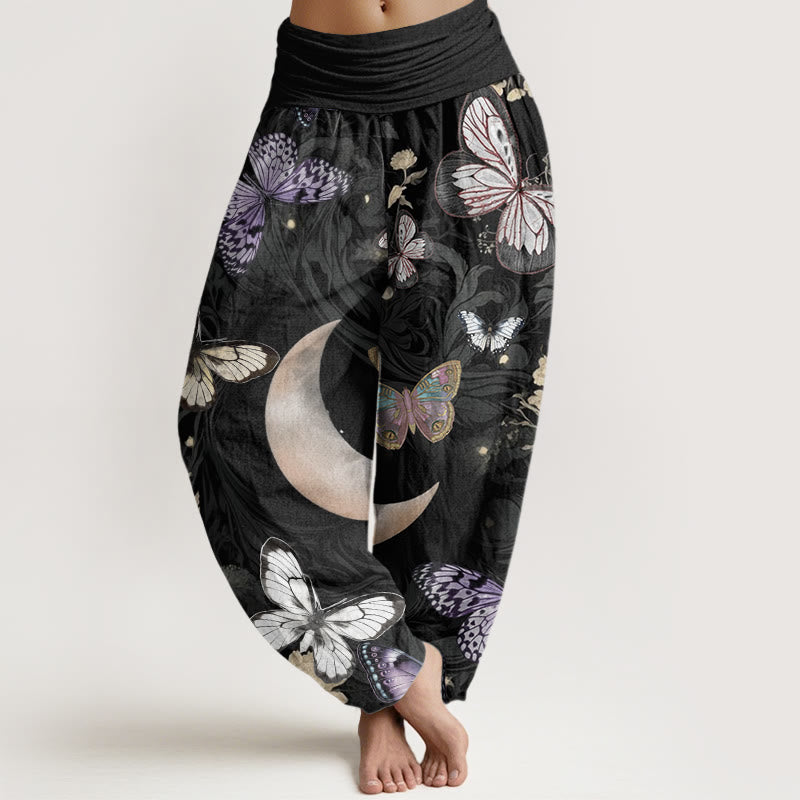 Buddha Stones Motyl Kwiaty Półksiężyc Wzór Projekt Damskie Spodnie Harem Elastyczna Talia - Czarny - US22, UK/AU26, EU54 (6XL) - image 1