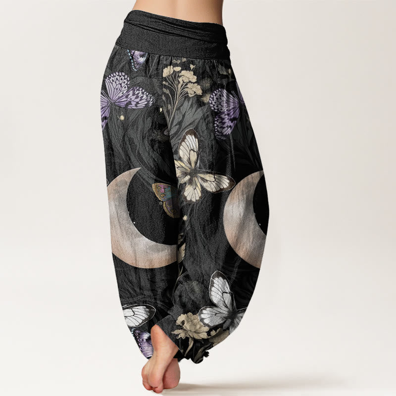 Buddha Stones Motyl Kwiaty Półksiężyc Wzór Projekt Damskie Spodnie Harem Elastyczna Talia - image 2