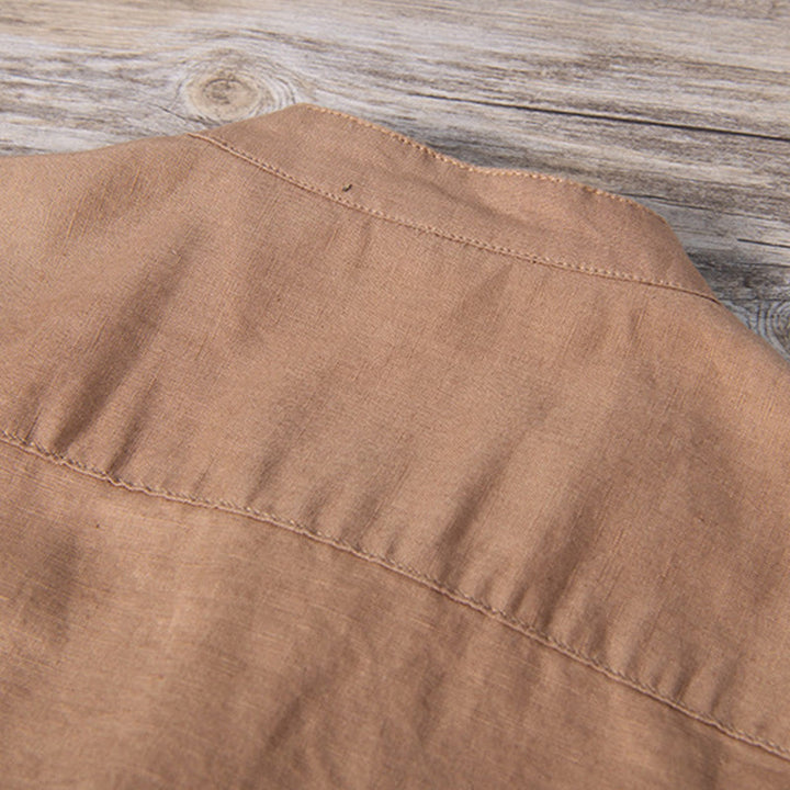 Koszula męska z krótkim rękawem z bawełny i lnu Buddha Stones Daily Plain Patch Color Matching Design - image 11