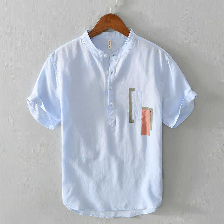 Koszula męska z krótkim rękawem z bawełny i lnu Buddha Stones Daily Plain Patch Color Matching Design - LightSkyBlue - US/UK/AU42， EU52 (3XL) - image 8