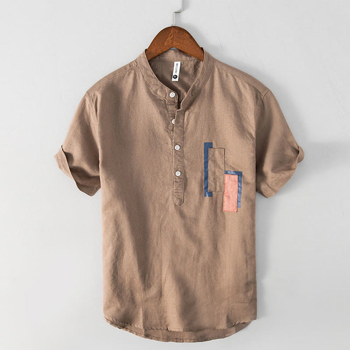 Koszula męska z krótkim rękawem z bawełny i lnu Buddha Stones Daily Plain Patch Color Matching Design - Peru - US/UK/AU42， EU52 (3XL) - image 9