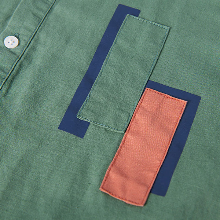 Koszula męska z krótkim rękawem z bawełny i lnu Buddha Stones Daily Plain Patch Color Matching Design - image 6