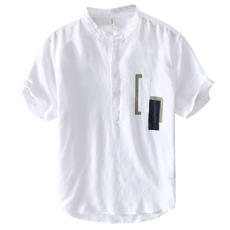 Koszula męska z krótkim rękawem z bawełny i lnu Buddha Stones Daily Plain Patch Color Matching Design - image 3