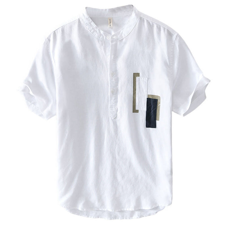 Koszula męska z krótkim rękawem z bawełny i lnu Buddha Stones Daily Plain Patch Color Matching Design - image 3