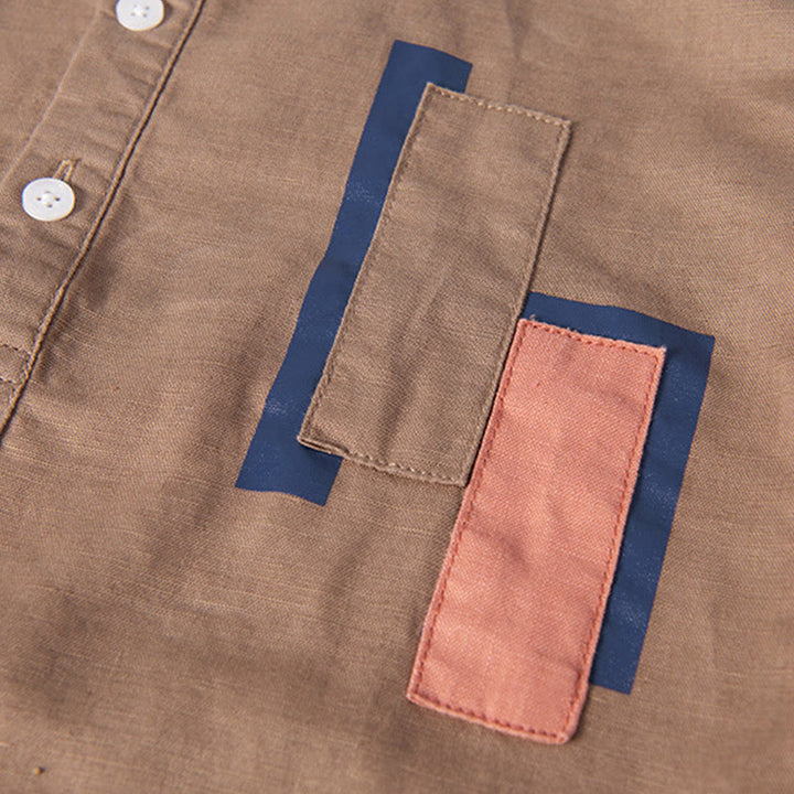 Koszula męska z krótkim rękawem z bawełny i lnu Buddha Stones Daily Plain Patch Color Matching Design - image 12