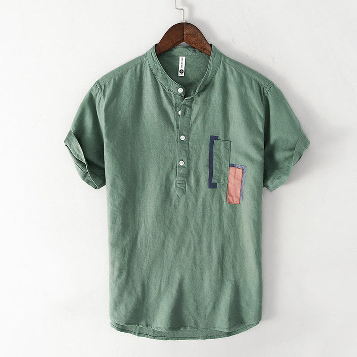 Koszula męska z krótkim rękawem z bawełny i lnu Buddha Stones Daily Plain Patch Color Matching Design - MediumSeaGreen - US/UK/AU42， EU52 (3XL) - image 4