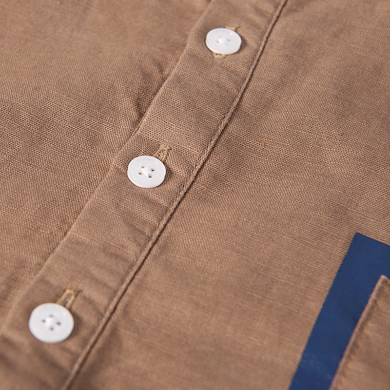 Koszula męska z krótkim rękawem z bawełny i lnu Buddha Stones Daily Plain Patch Color Matching Design - image 13