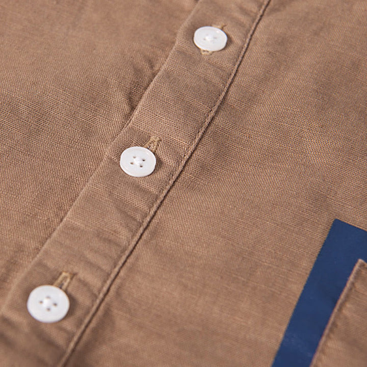 Koszula męska z krótkim rękawem z bawełny i lnu Buddha Stones Daily Plain Patch Color Matching Design - image 13