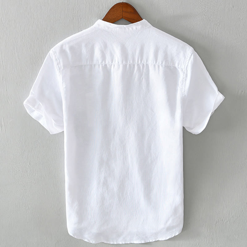 Koszula męska z krótkim rękawem z bawełny i lnu Buddha Stones Daily Plain Patch Color Matching Design - image 2