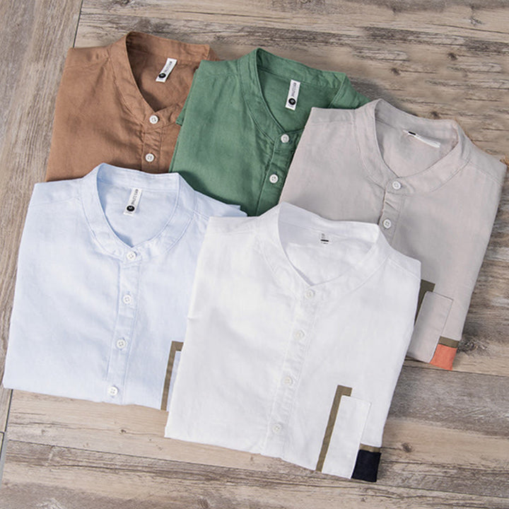 Koszula męska z krótkim rękawem z bawełny i lnu Buddha Stones Daily Plain Patch Color Matching Design - image 17