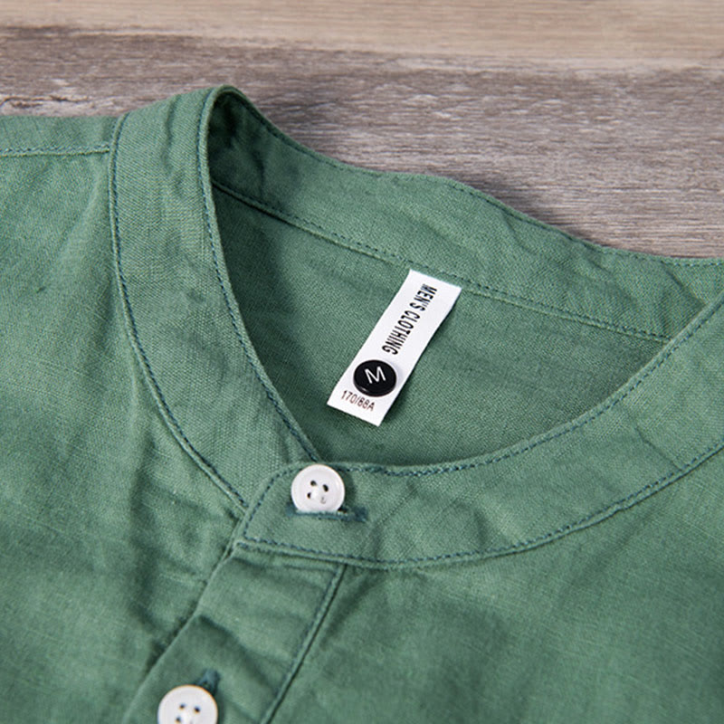 Koszula męska z krótkim rękawem z bawełny i lnu Buddha Stones Daily Plain Patch Color Matching Design - image 5