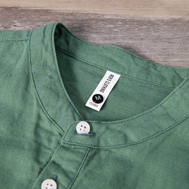 Koszula męska z krótkim rękawem z bawełny i lnu Buddha Stones Daily Plain Patch Color Matching Design - image 5