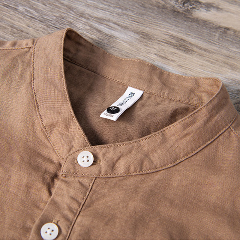 Koszula męska z krótkim rękawem z bawełny i lnu Buddha Stones Daily Plain Patch Color Matching Design - image 10