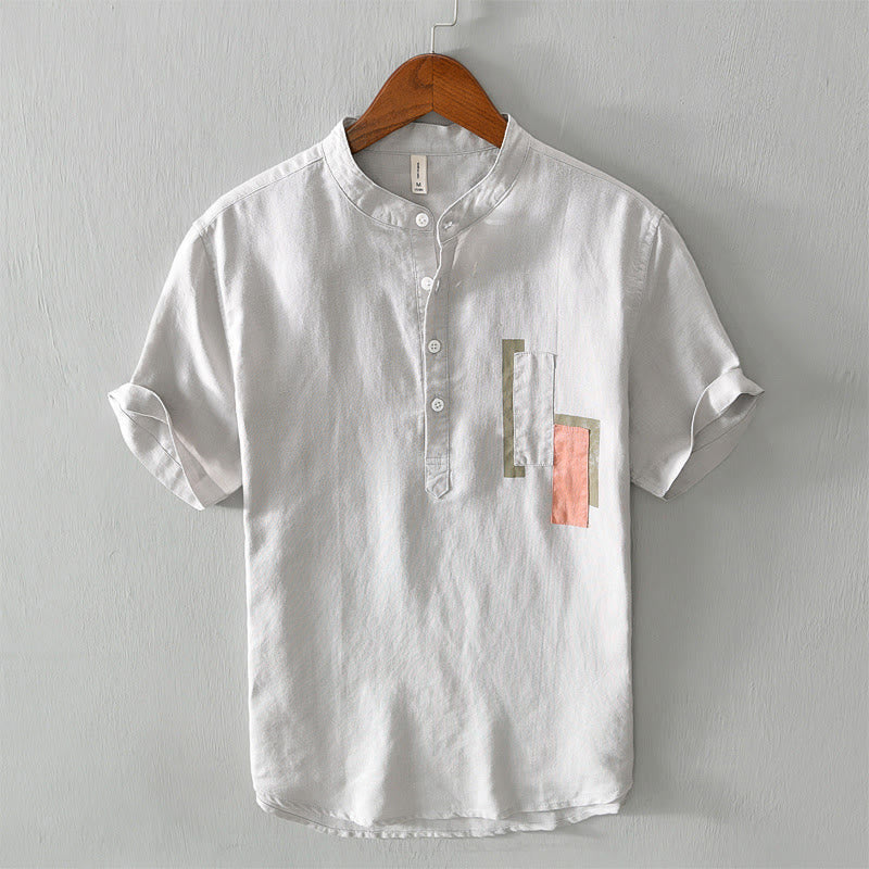 Koszula męska z krótkim rękawem z bawełny i lnu Buddha Stones Daily Plain Patch Color Matching Design - Gainsboro - US/UK/AU42， EU52 (3XL) - image 0