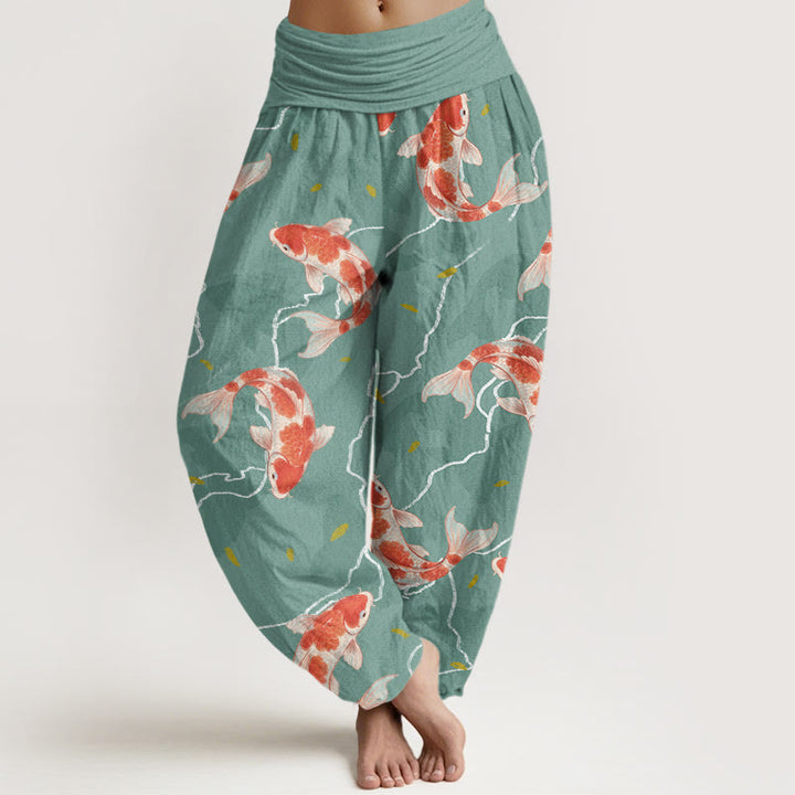 Buddha Stones -Białe Koi Wzór Ryby Projekt Damskie Spodnie Harem Elastyczny Pas - Średnioturkusowy - US22, UK/AU26, EU54 (6XL) - image 5