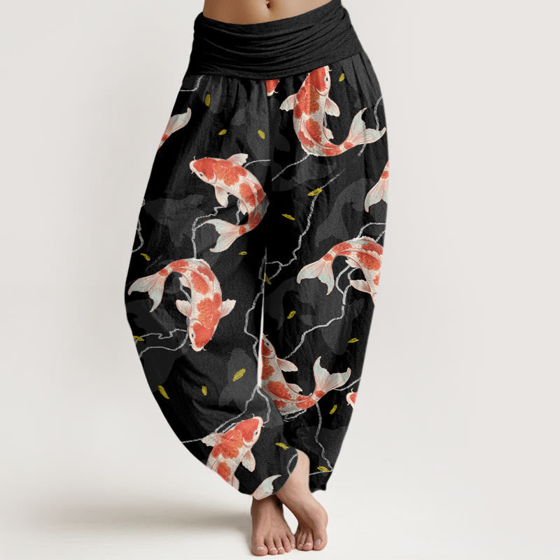 Buddha Stones -Białe Koi Wzór Ryby Projekt Damskie Spodnie Harem Elastyczny Pas - Czarny - US22, UK/AU26, EU54 (6XL) - image 8