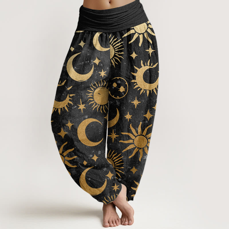 Spodnie haremowe damskie z elastyczną talią i wzorem półksiężyca, słońca i gwiazd z motywem Buddha Stones - Czarny - US22, UK/AU26, EU54 (6XL) - image 0