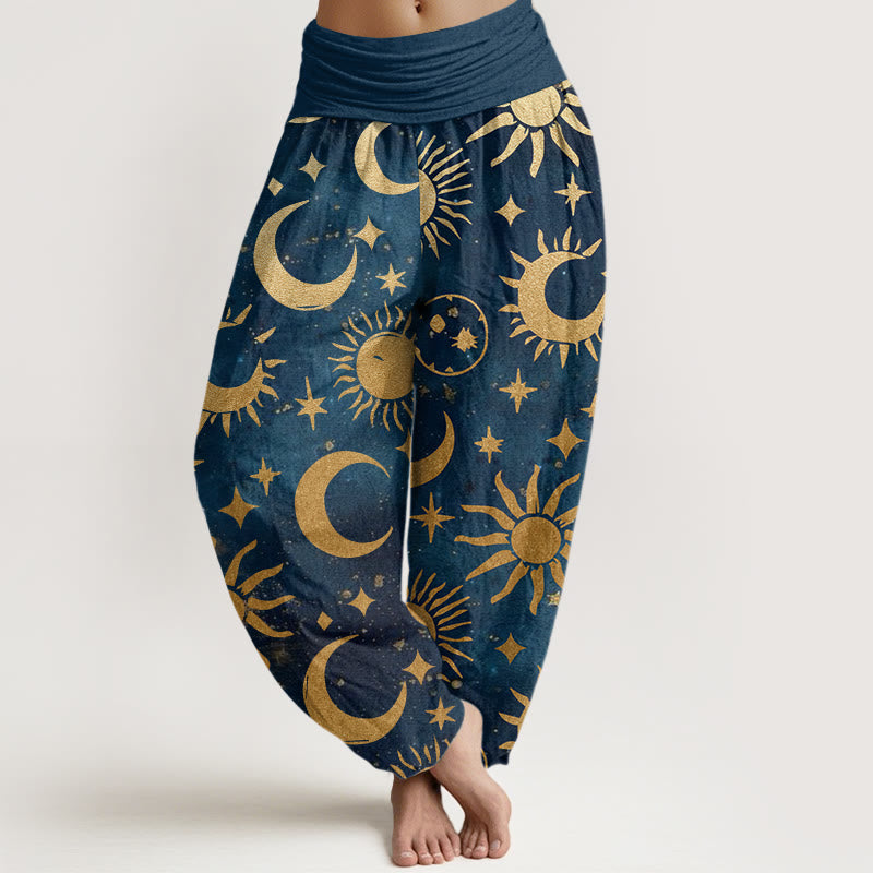 Buddha Stones Półksiężyc Słońce Gwiazdy Wzór Projekt Damskie Spodnie Harem Elastyczna Talia - RoyalBlue - US22, UK/AU26, EU54 (6XL) - image 8