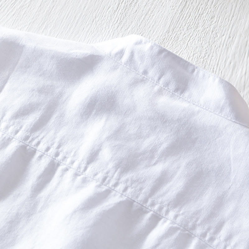 Koszula męska z krótkim rękawem z bawełny i lnu "Buddha Stones" w jednolitym kolorze, z kołnierzykiem stójkowym i półguzikami - image 7