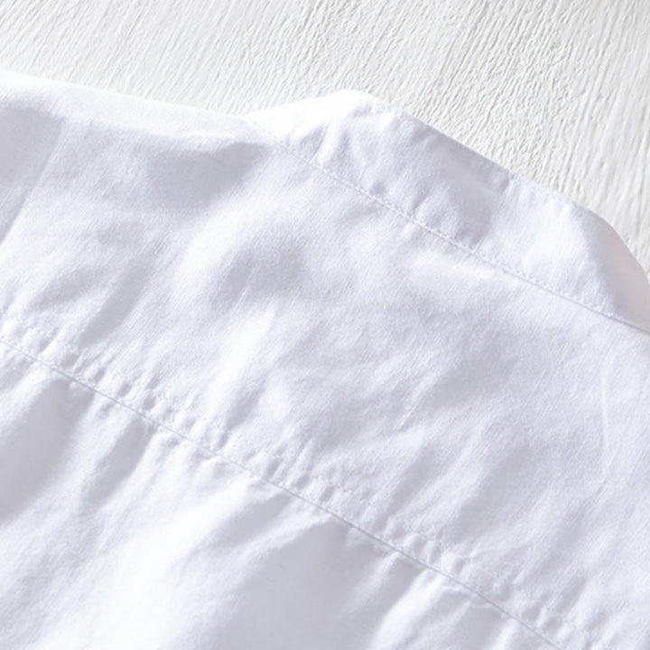 Koszula męska z krótkim rękawem z bawełny i lnu "Buddha Stones" w jednolitym kolorze, z kołnierzykiem stójkowym i półguzikami - image 7