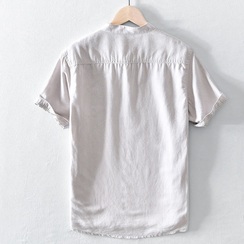 Koszula męska z krótkim rękawem z bawełny i lnu "Buddha Stones" w jednolitym kolorze, z kołnierzykiem stójkowym i półguzikami - image 1