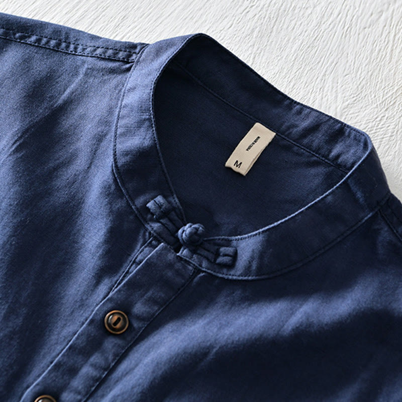 Koszula męska z krótkim rękawem z bawełny i lnu "Buddha Stones" w jednolitym kolorze, z kołnierzykiem stójkowym i półguzikami - image 11