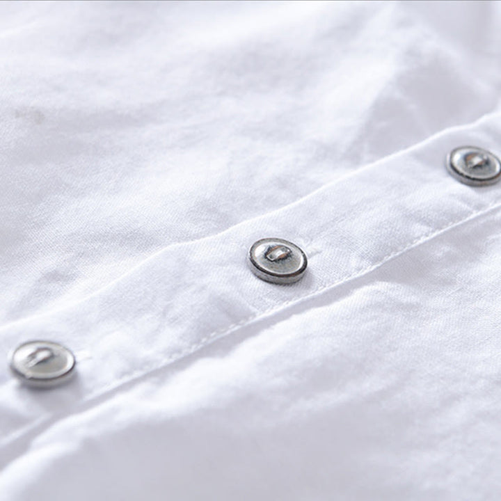 Koszula męska z krótkim rękawem z bawełny i lnu "Buddha Stones" w jednolitym kolorze, z kołnierzykiem stójkowym i półguzikami - image 8