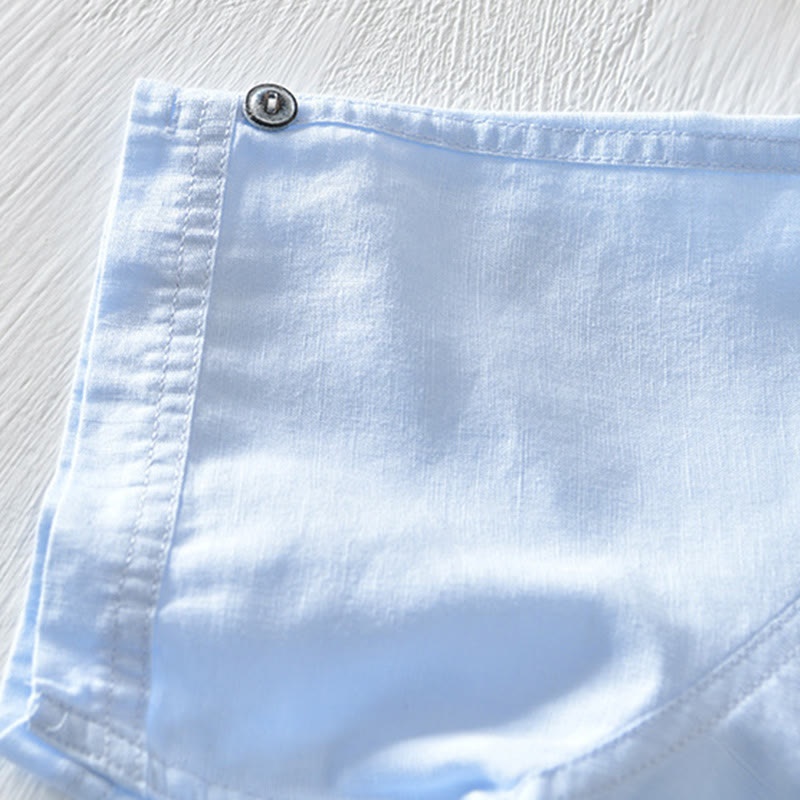 Koszula męska z krótkim rękawem z bawełny i lnu "Buddha Stones" w jednolitym kolorze, z kołnierzykiem stójkowym i półguzikami - image 21