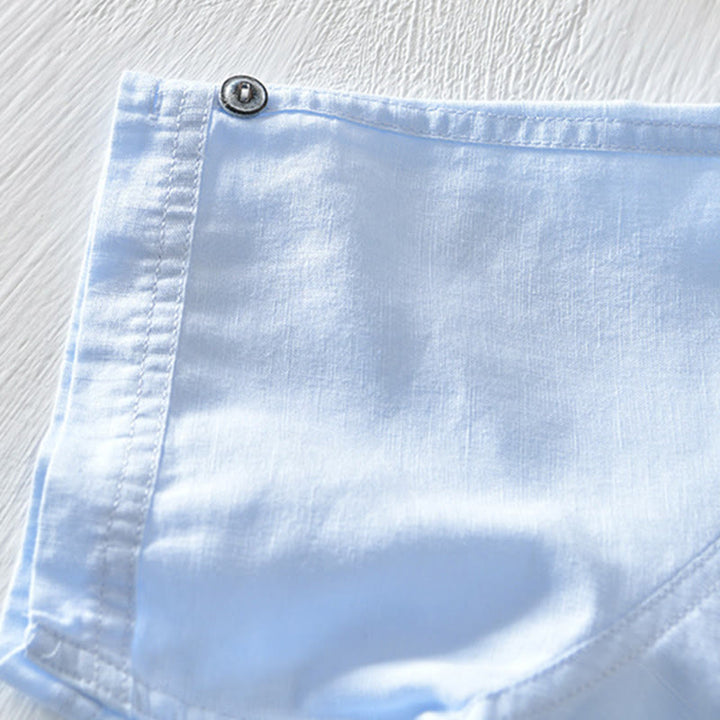 Koszula męska z krótkim rękawem z bawełny i lnu "Buddha Stones" w jednolitym kolorze, z kołnierzykiem stójkowym i półguzikami - image 21