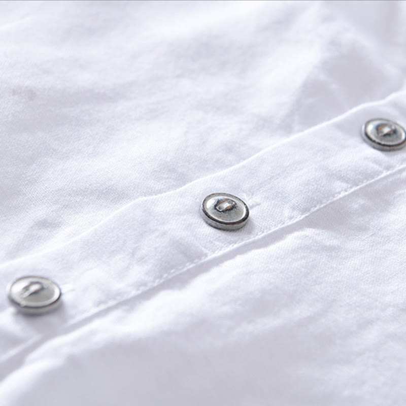 Koszula męska z krótkim rękawem z bawełny i lnu "Buddha Stones" w jednolitym kolorze, z kołnierzykiem stójkowym i półguzikami - image 8