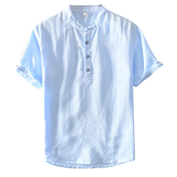 Koszula męska z krótkim rękawem z bawełny i lnu "Buddha Stones" w jednolitym kolorze, z kołnierzykiem stójkowym i półguzikami - image 22