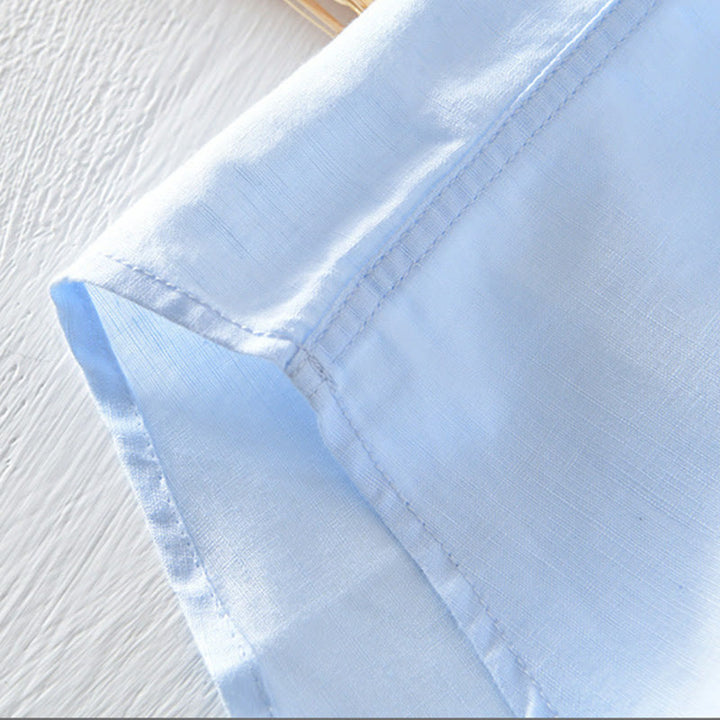 Koszula męska z krótkim rękawem z bawełny i lnu "Buddha Stones" w jednolitym kolorze, z kołnierzykiem stójkowym i półguzikami - image 20