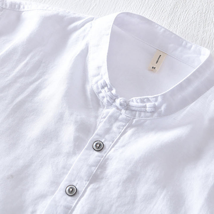 Koszula męska z krótkim rękawem z bawełny i lnu "Buddha Stones" w jednolitym kolorze, z kołnierzykiem stójkowym i półguzikami - image 6