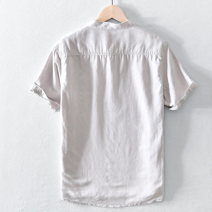 Koszula męska z krótkim rękawem z bawełny i lnu "Buddha Stones" w jednolitym kolorze, z kołnierzykiem stójkowym i półguzikami - image 1