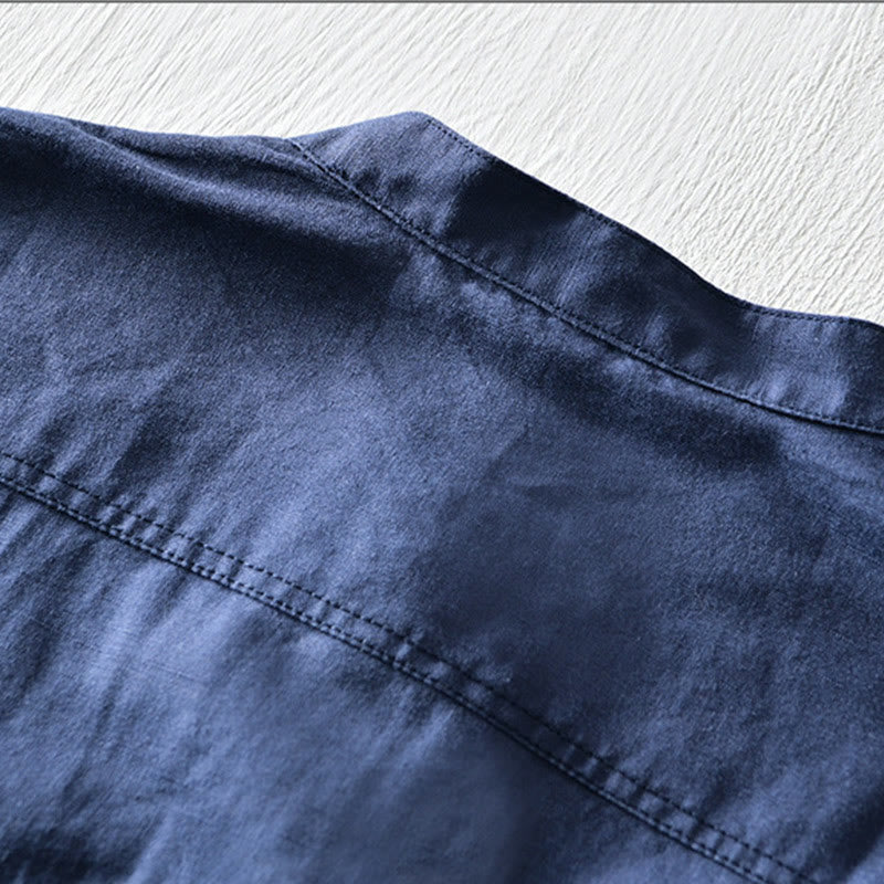 Koszula męska z krótkim rękawem z bawełny i lnu "Buddha Stones" w jednolitym kolorze, z kołnierzykiem stójkowym i półguzikami - image 12