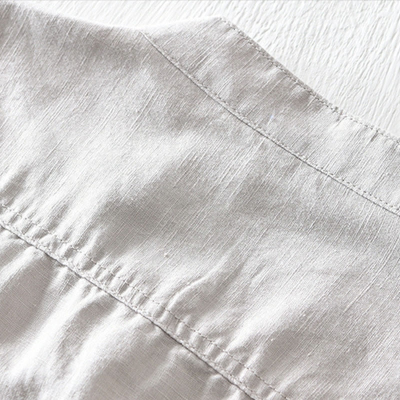 Koszula męska z krótkim rękawem z bawełny i lnu "Buddha Stones" w jednolitym kolorze, z kołnierzykiem stójkowym i półguzikami - image 3