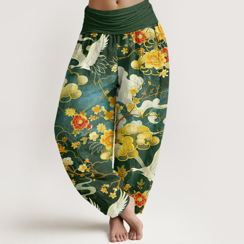 Buddha Stones, Pomyślne Chmury, Białe Żurawie, Czerwone Kwiaty, Wzór, Damskie Spodnie Harem z Elastyczną Talią - SeaGreen - US22, UK/AU26, EU54 (6XL) - image 8
