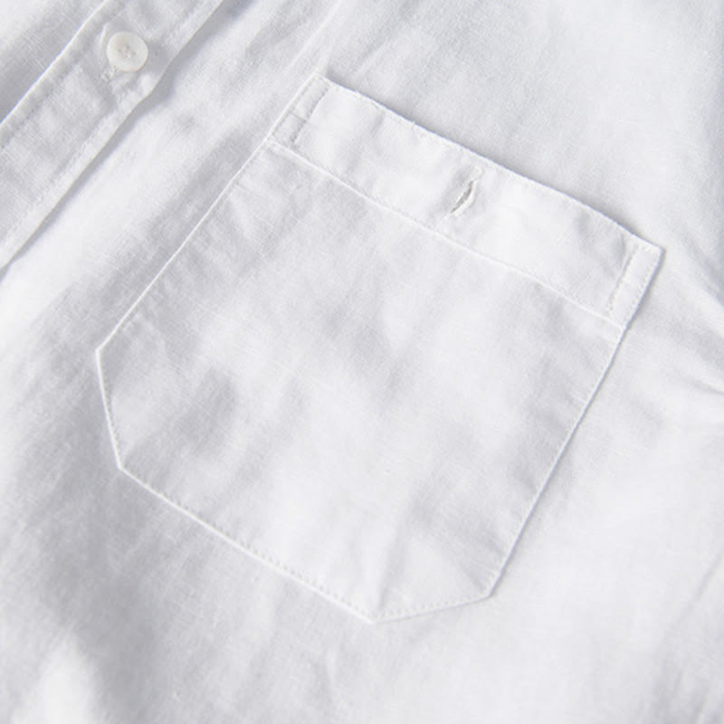Koszula męska z krótkim rękawem z lnu i bawełny z kieszeniami z przodu, z kołnierzykiem stojącym, z Buddha Stones, swobodna, codzienna, prosta, z guzikami - image 5
