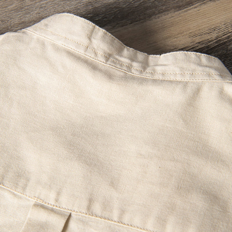 Koszula męska z krótkim rękawem z lnu i bawełny z kieszeniami z przodu, z kołnierzykiem stojącym, z Buddha Stones, swobodna, codzienna, prosta, z guzikami - image 11