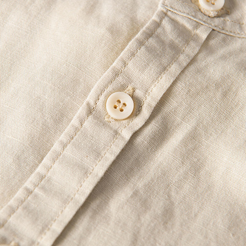 Koszula męska z krótkim rękawem z lnu i bawełny z kieszeniami z przodu, z kołnierzykiem stojącym, z Buddha Stones, swobodna, codzienna, prosta, z guzikami - image 12
