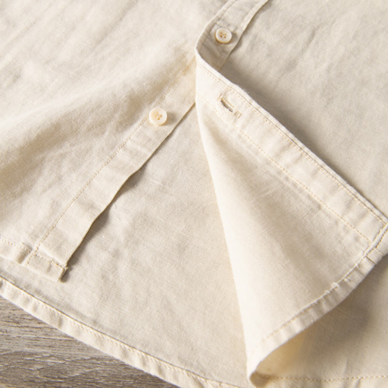 Koszula męska z krótkim rękawem z lnu i bawełny z kieszeniami z przodu, z kołnierzykiem stojącym, z Buddha Stones, swobodna, codzienna, prosta, z guzikami - image 16